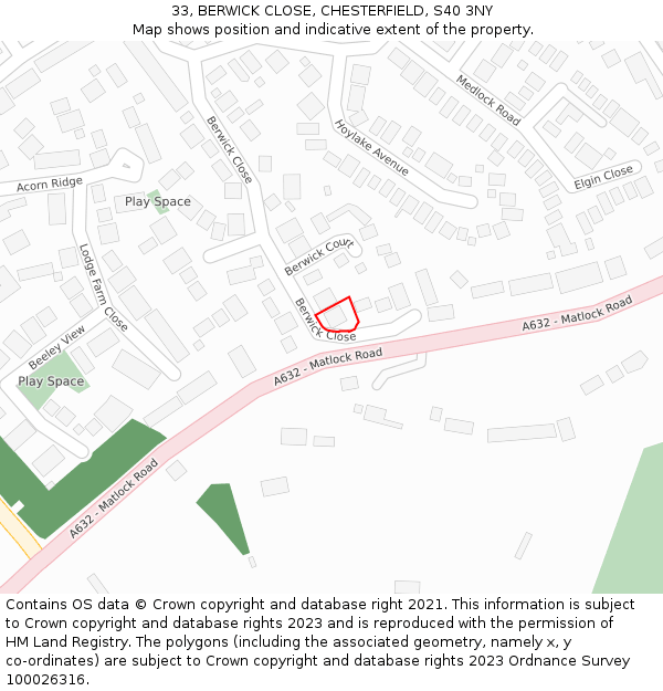 33, BERWICK CLOSE, CHESTERFIELD, S40 3NY: Location map and indicative extent of plot