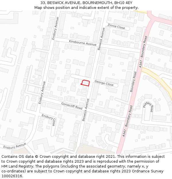 33, BESWICK AVENUE, BOURNEMOUTH, BH10 4EY: Location map and indicative extent of plot