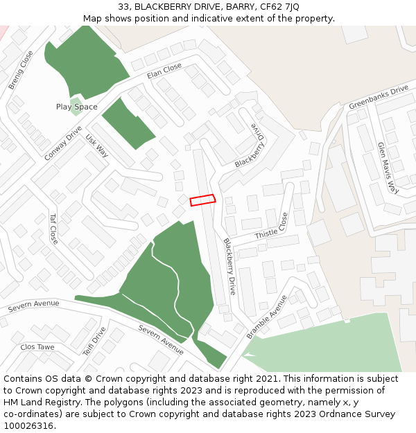 33, BLACKBERRY DRIVE, BARRY, CF62 7JQ: Location map and indicative extent of plot