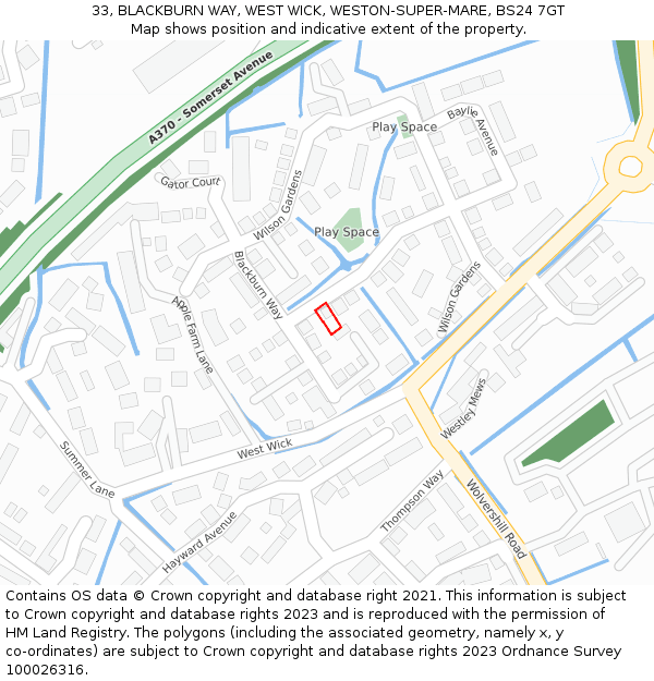 33, BLACKBURN WAY, WEST WICK, WESTON-SUPER-MARE, BS24 7GT: Location map and indicative extent of plot
