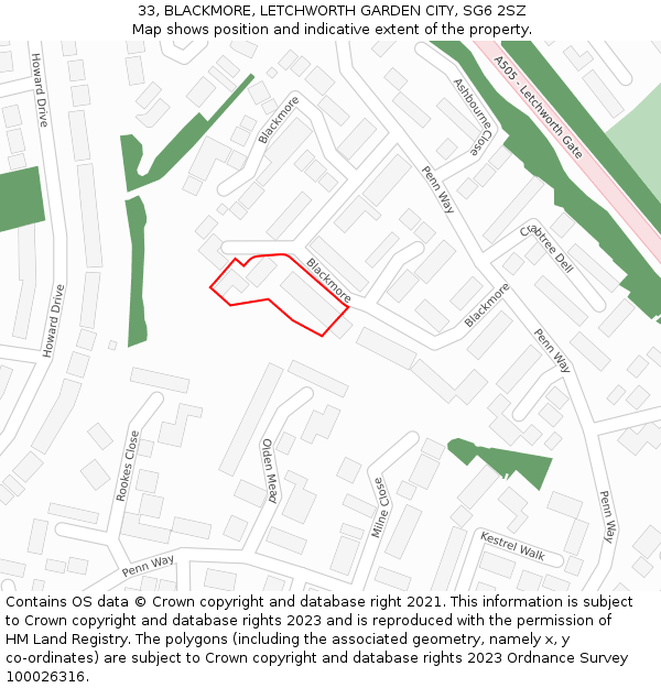 33, BLACKMORE, LETCHWORTH GARDEN CITY, SG6 2SZ: Location map and indicative extent of plot