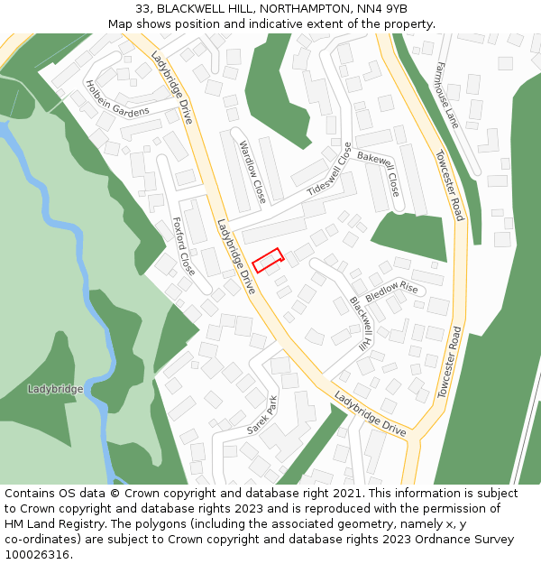 33, BLACKWELL HILL, NORTHAMPTON, NN4 9YB: Location map and indicative extent of plot
