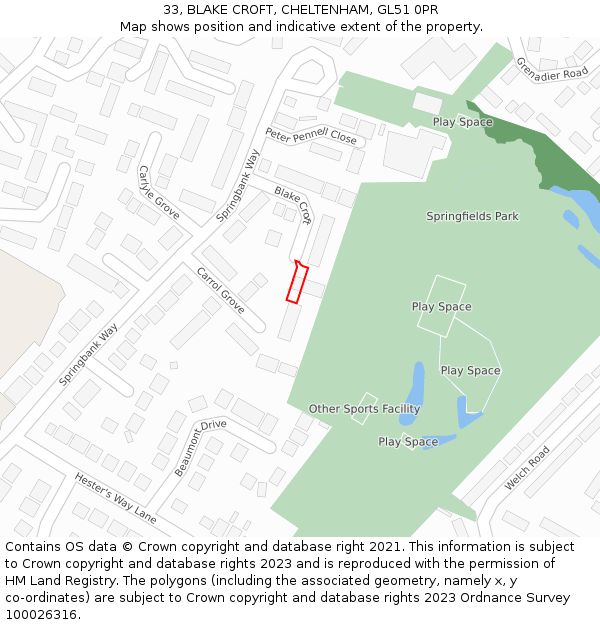 33, BLAKE CROFT, CHELTENHAM, GL51 0PR: Location map and indicative extent of plot