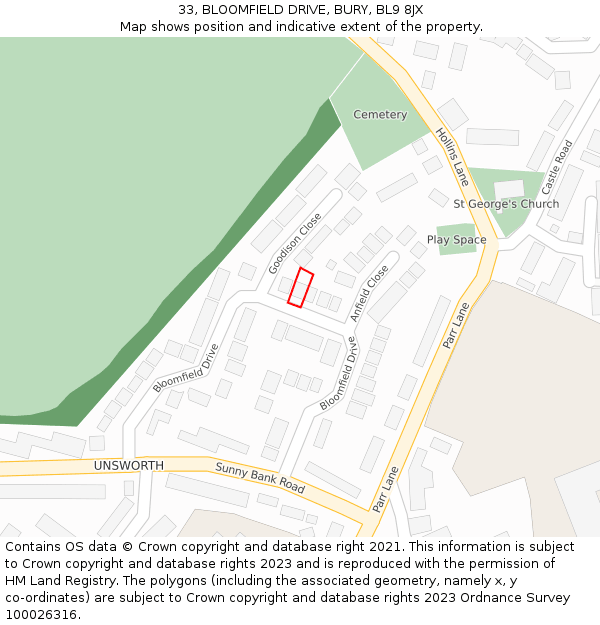 33, BLOOMFIELD DRIVE, BURY, BL9 8JX: Location map and indicative extent of plot