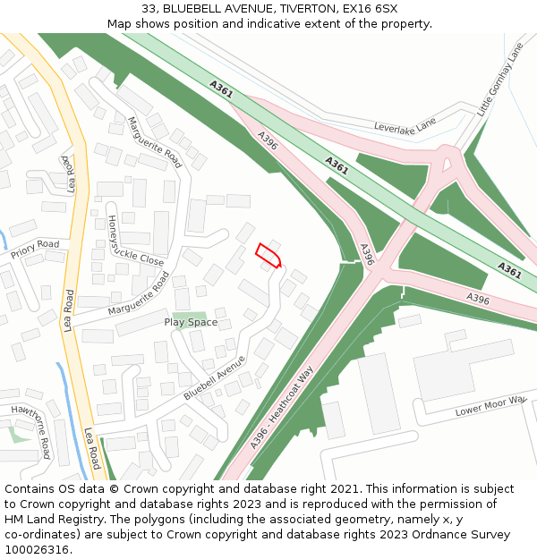 33, BLUEBELL AVENUE, TIVERTON, EX16 6SX: Location map and indicative extent of plot