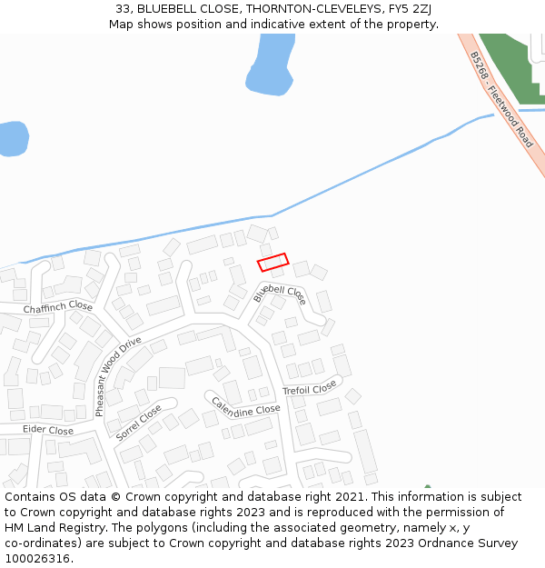 33, BLUEBELL CLOSE, THORNTON-CLEVELEYS, FY5 2ZJ: Location map and indicative extent of plot
