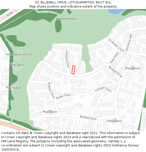 33, BLUEBELL DRIVE, LITTLEHAMPTON, BN17 6UL: Location map and indicative extent of plot