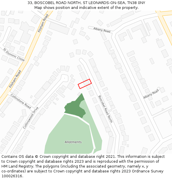 33, BOSCOBEL ROAD NORTH, ST LEONARDS-ON-SEA, TN38 0NY: Location map and indicative extent of plot