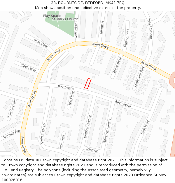 33, BOURNESIDE, BEDFORD, MK41 7EQ: Location map and indicative extent of plot