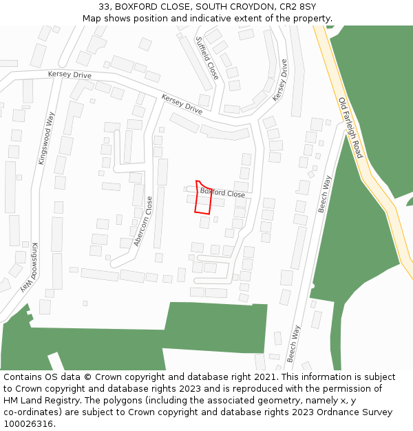 33, BOXFORD CLOSE, SOUTH CROYDON, CR2 8SY: Location map and indicative extent of plot