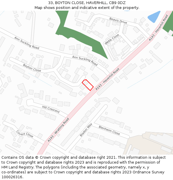 33, BOYTON CLOSE, HAVERHILL, CB9 0DZ: Location map and indicative extent of plot