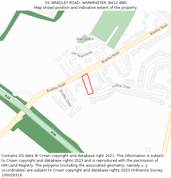 33, BRADLEY ROAD, WARMINSTER, BA12 8BN: Location map and indicative extent of plot