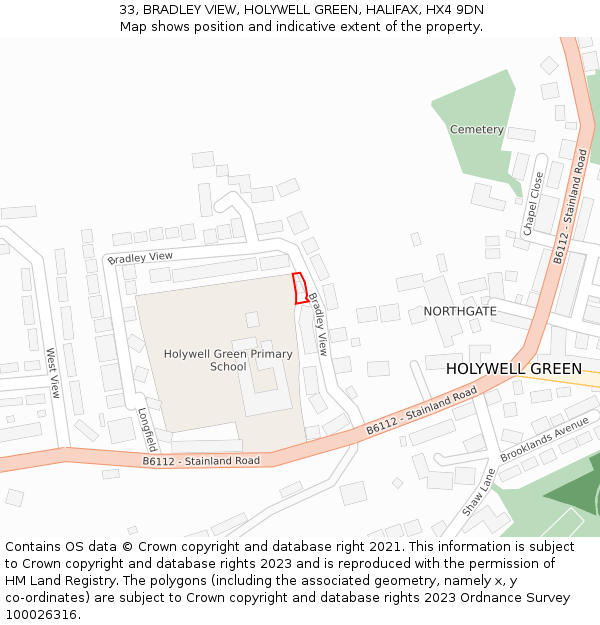 33, BRADLEY VIEW, HOLYWELL GREEN, HALIFAX, HX4 9DN: Location map and indicative extent of plot