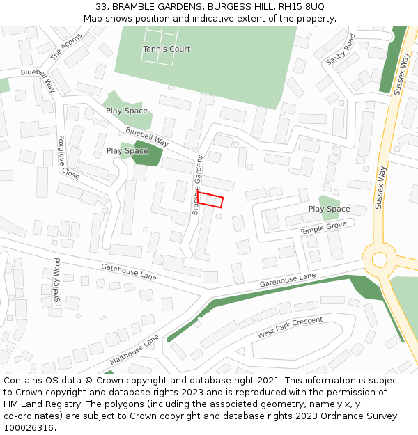 33, BRAMBLE GARDENS, BURGESS HILL, RH15 8UQ: Location map and indicative extent of plot