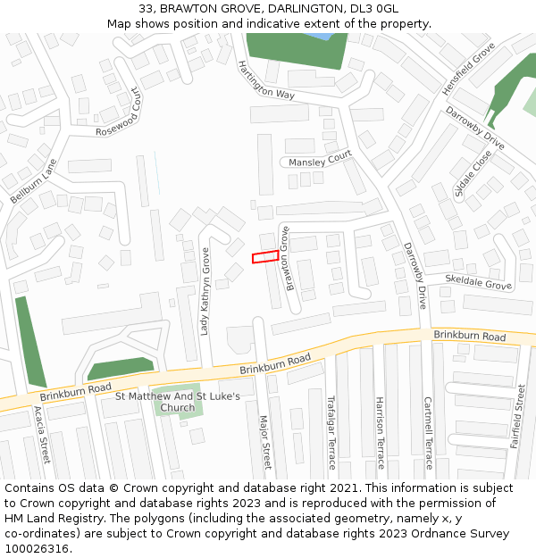 33, BRAWTON GROVE, DARLINGTON, DL3 0GL: Location map and indicative extent of plot