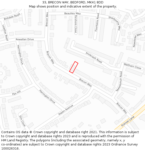 33, BRECON WAY, BEDFORD, MK41 8DD: Location map and indicative extent of plot