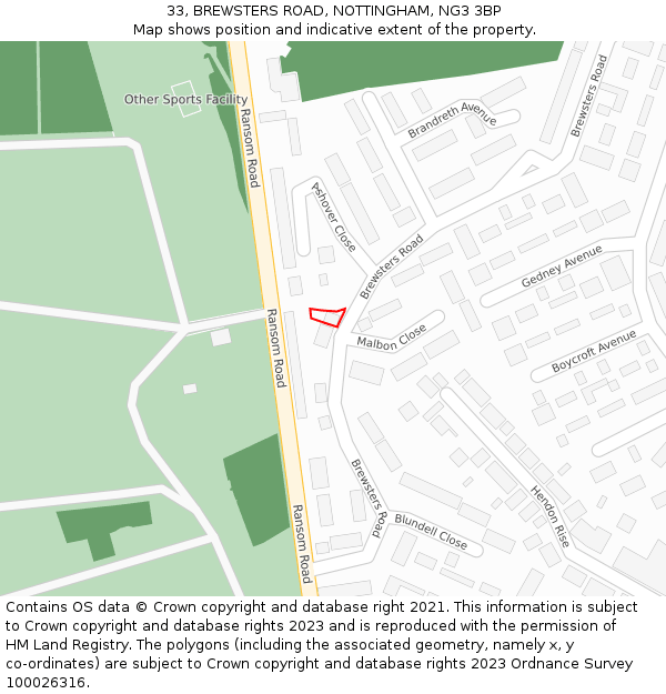 33, BREWSTERS ROAD, NOTTINGHAM, NG3 3BP: Location map and indicative extent of plot