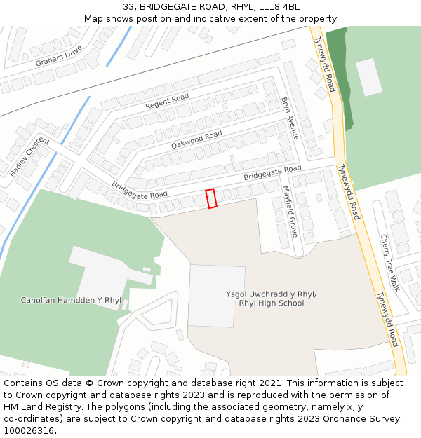 33, BRIDGEGATE ROAD, RHYL, LL18 4BL: Location map and indicative extent of plot