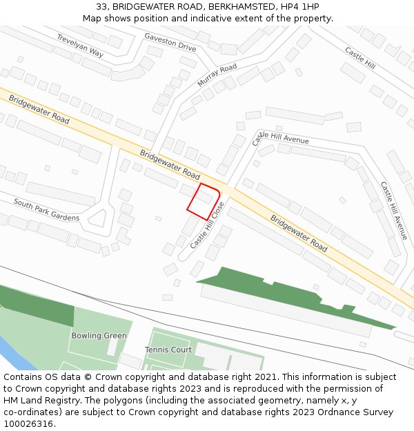 33, BRIDGEWATER ROAD, BERKHAMSTED, HP4 1HP: Location map and indicative extent of plot