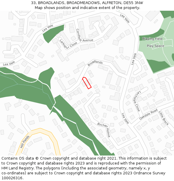 33, BROADLANDS, BROADMEADOWS, ALFRETON, DE55 3NW: Location map and indicative extent of plot