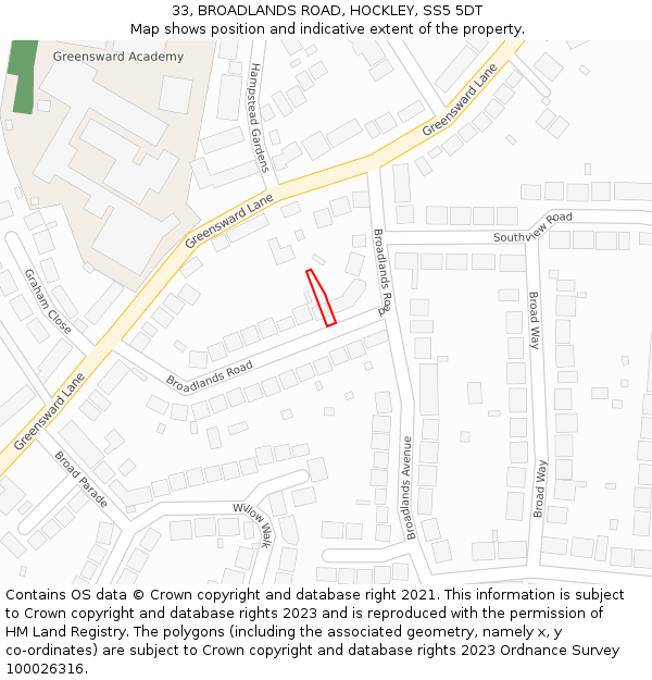 33, BROADLANDS ROAD, HOCKLEY, SS5 5DT: Location map and indicative extent of plot