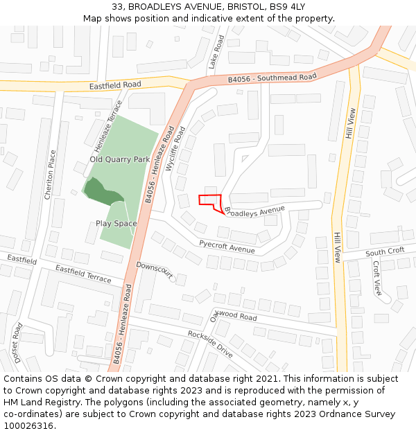 33, BROADLEYS AVENUE, BRISTOL, BS9 4LY: Location map and indicative extent of plot