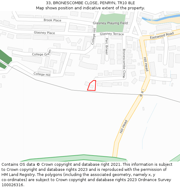 33, BRONESCOMBE CLOSE, PENRYN, TR10 8LE: Location map and indicative extent of plot