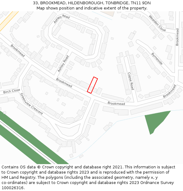 33, BROOKMEAD, HILDENBOROUGH, TONBRIDGE, TN11 9DN: Location map and indicative extent of plot