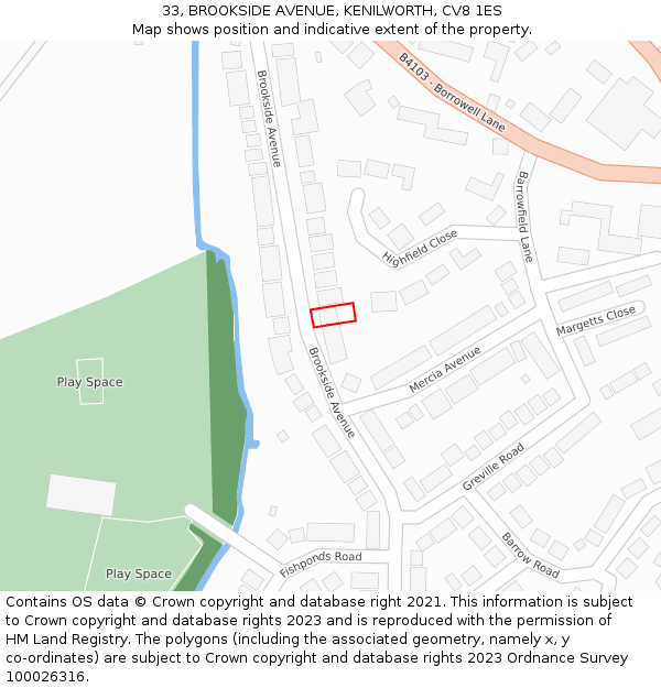 33, BROOKSIDE AVENUE, KENILWORTH, CV8 1ES: Location map and indicative extent of plot