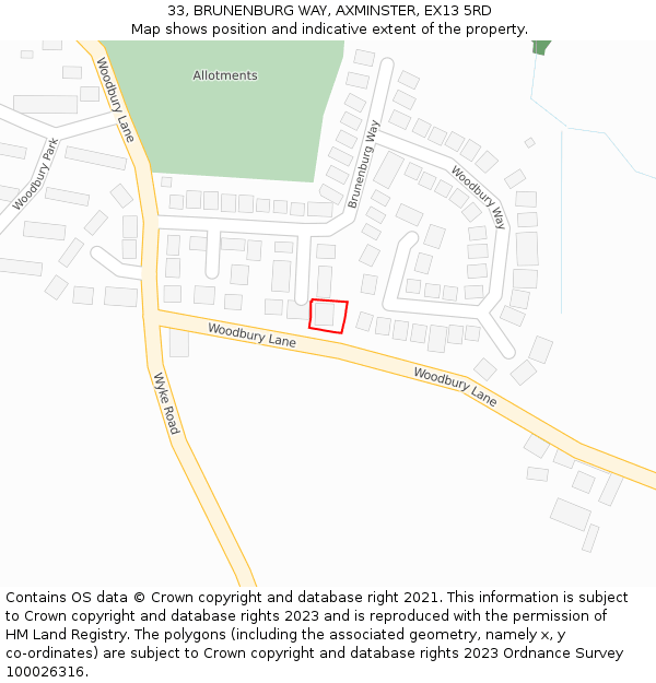 33, BRUNENBURG WAY, AXMINSTER, EX13 5RD: Location map and indicative extent of plot