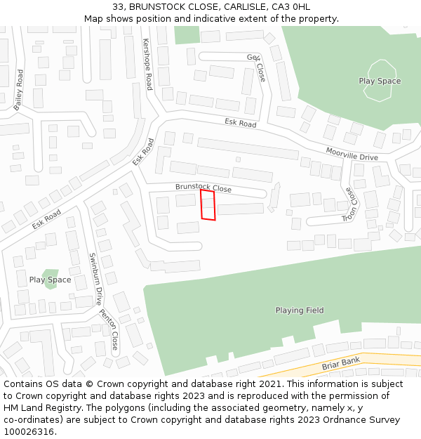 33, BRUNSTOCK CLOSE, CARLISLE, CA3 0HL: Location map and indicative extent of plot