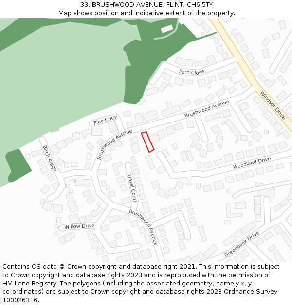 33, BRUSHWOOD AVENUE, FLINT, CH6 5TY: Location map and indicative extent of plot