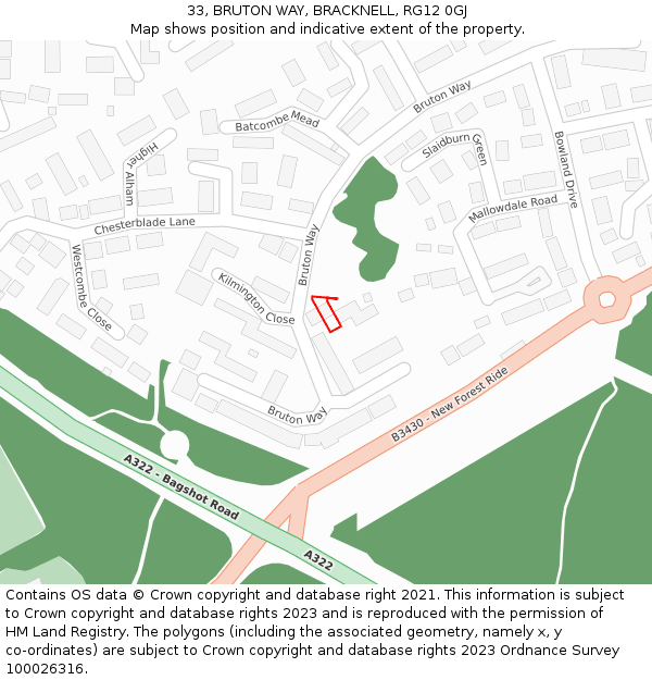 33, BRUTON WAY, BRACKNELL, RG12 0GJ: Location map and indicative extent of plot