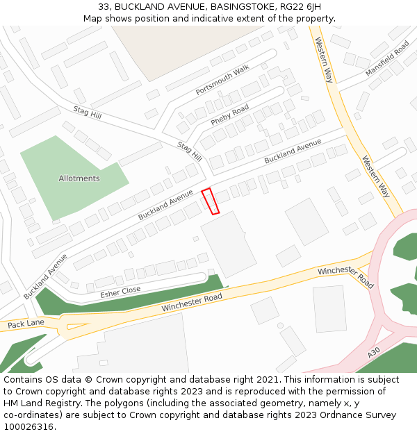33, BUCKLAND AVENUE, BASINGSTOKE, RG22 6JH: Location map and indicative extent of plot