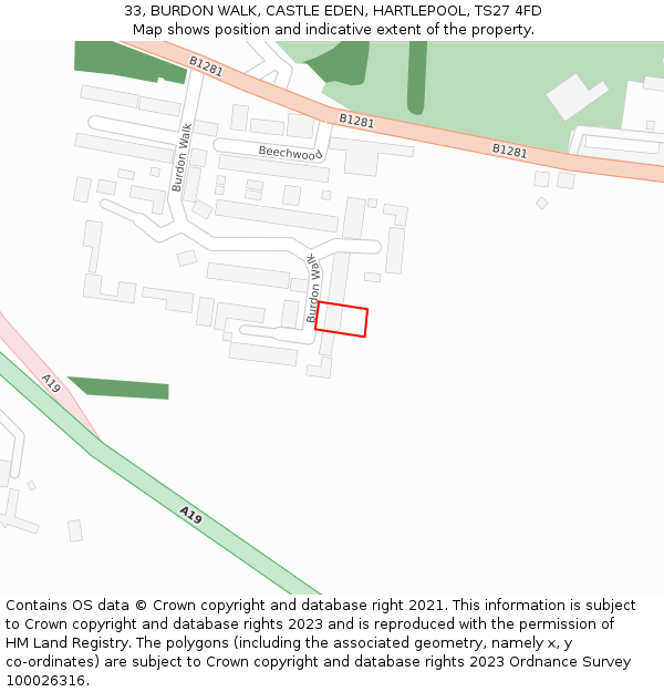 33, BURDON WALK, CASTLE EDEN, HARTLEPOOL, TS27 4FD: Location map and indicative extent of plot
