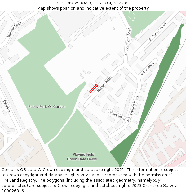 33, BURROW ROAD, LONDON, SE22 8DU: Location map and indicative extent of plot