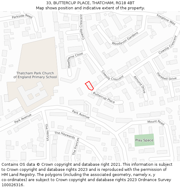 33, BUTTERCUP PLACE, THATCHAM, RG18 4BT: Location map and indicative extent of plot