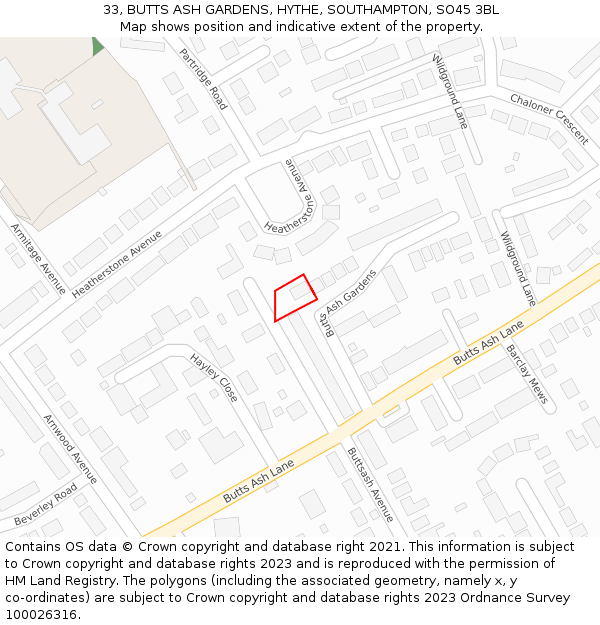 33, BUTTS ASH GARDENS, HYTHE, SOUTHAMPTON, SO45 3BL: Location map and indicative extent of plot