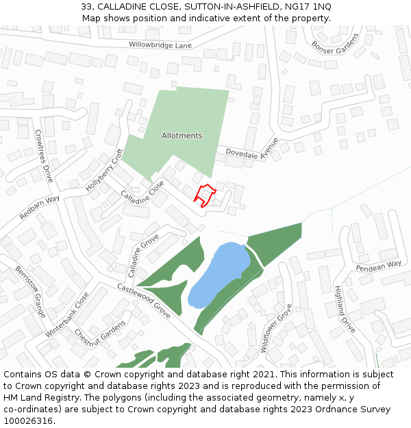 33, CALLADINE CLOSE, SUTTON-IN-ASHFIELD, NG17 1NQ: Location map and indicative extent of plot