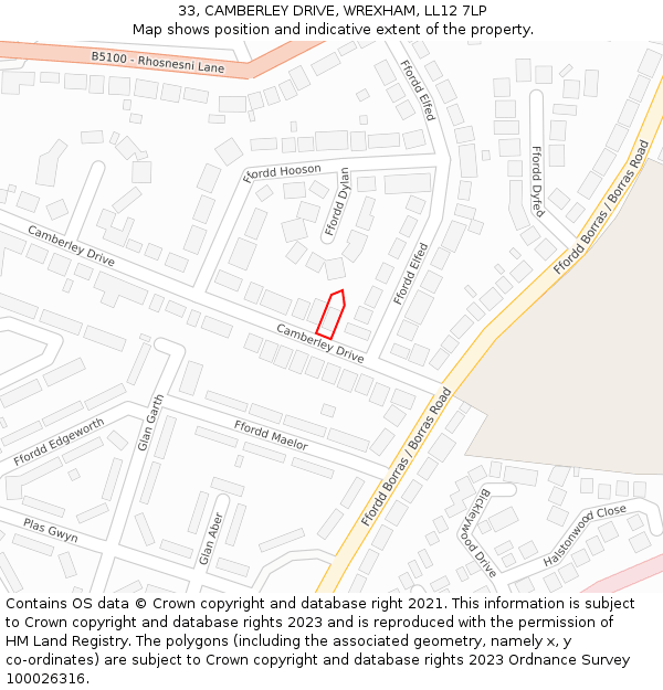 33, CAMBERLEY DRIVE, WREXHAM, LL12 7LP: Location map and indicative extent of plot
