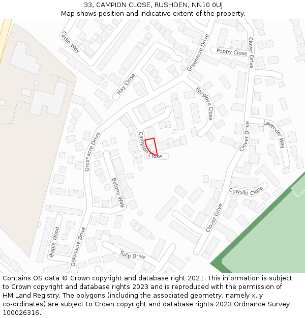 33, CAMPION CLOSE, RUSHDEN, NN10 0UJ: Location map and indicative extent of plot