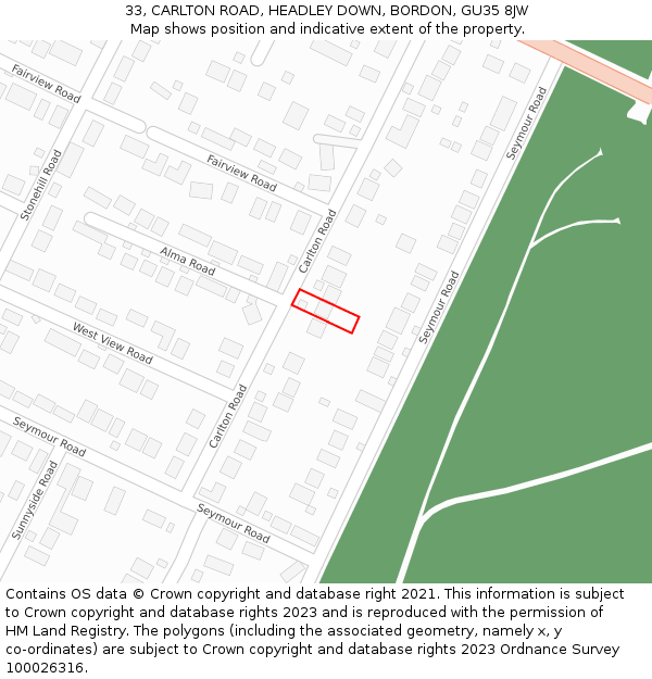 33, CARLTON ROAD, HEADLEY DOWN, BORDON, GU35 8JW: Location map and indicative extent of plot