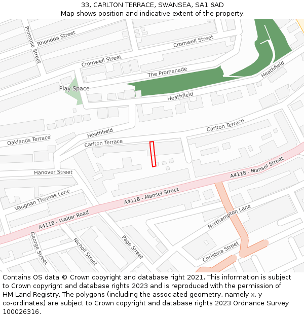 33, CARLTON TERRACE, SWANSEA, SA1 6AD: Location map and indicative extent of plot