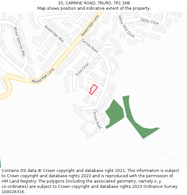 33, CARRINE ROAD, TRURO, TR1 3XB: Location map and indicative extent of plot