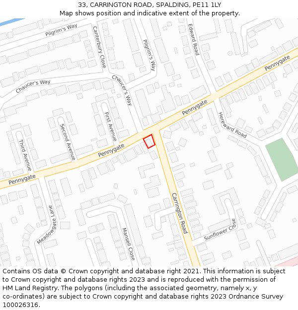 33, CARRINGTON ROAD, SPALDING, PE11 1LY: Location map and indicative extent of plot