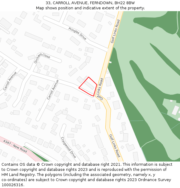 33, CARROLL AVENUE, FERNDOWN, BH22 8BW: Location map and indicative extent of plot