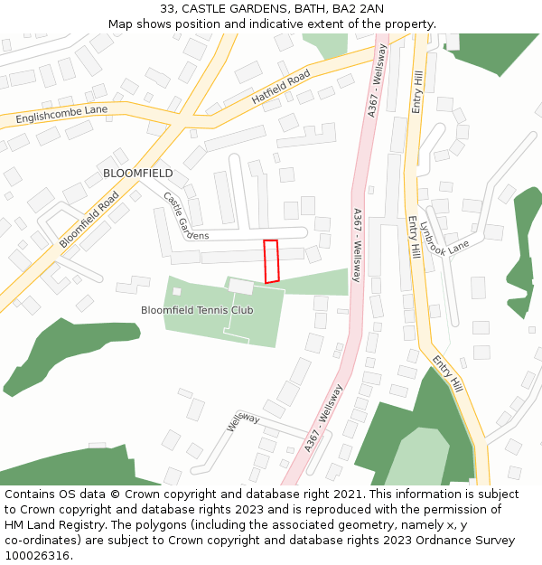 33, CASTLE GARDENS, BATH, BA2 2AN: Location map and indicative extent of plot