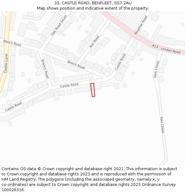 33, CASTLE ROAD, BENFLEET, SS7 2AU: Location map and indicative extent of plot