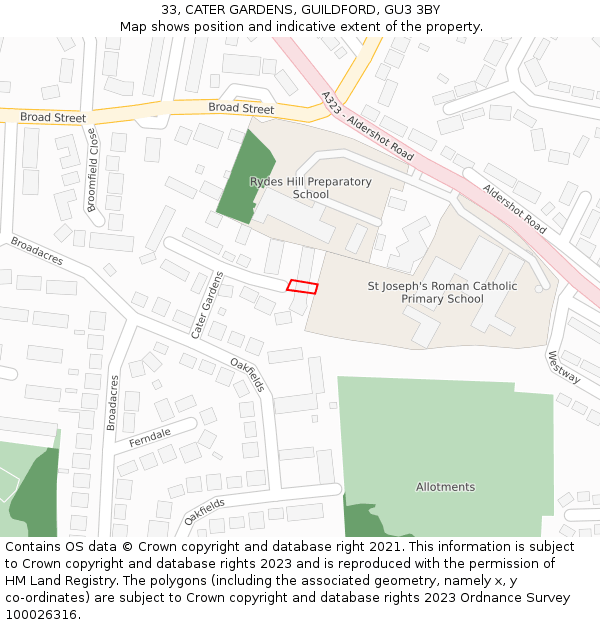 33, CATER GARDENS, GUILDFORD, GU3 3BY: Location map and indicative extent of plot