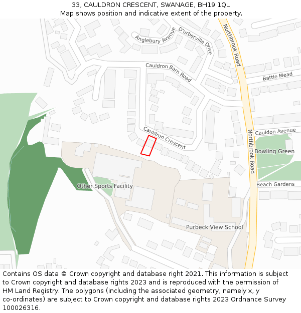 33, CAULDRON CRESCENT, SWANAGE, BH19 1QL: Location map and indicative extent of plot